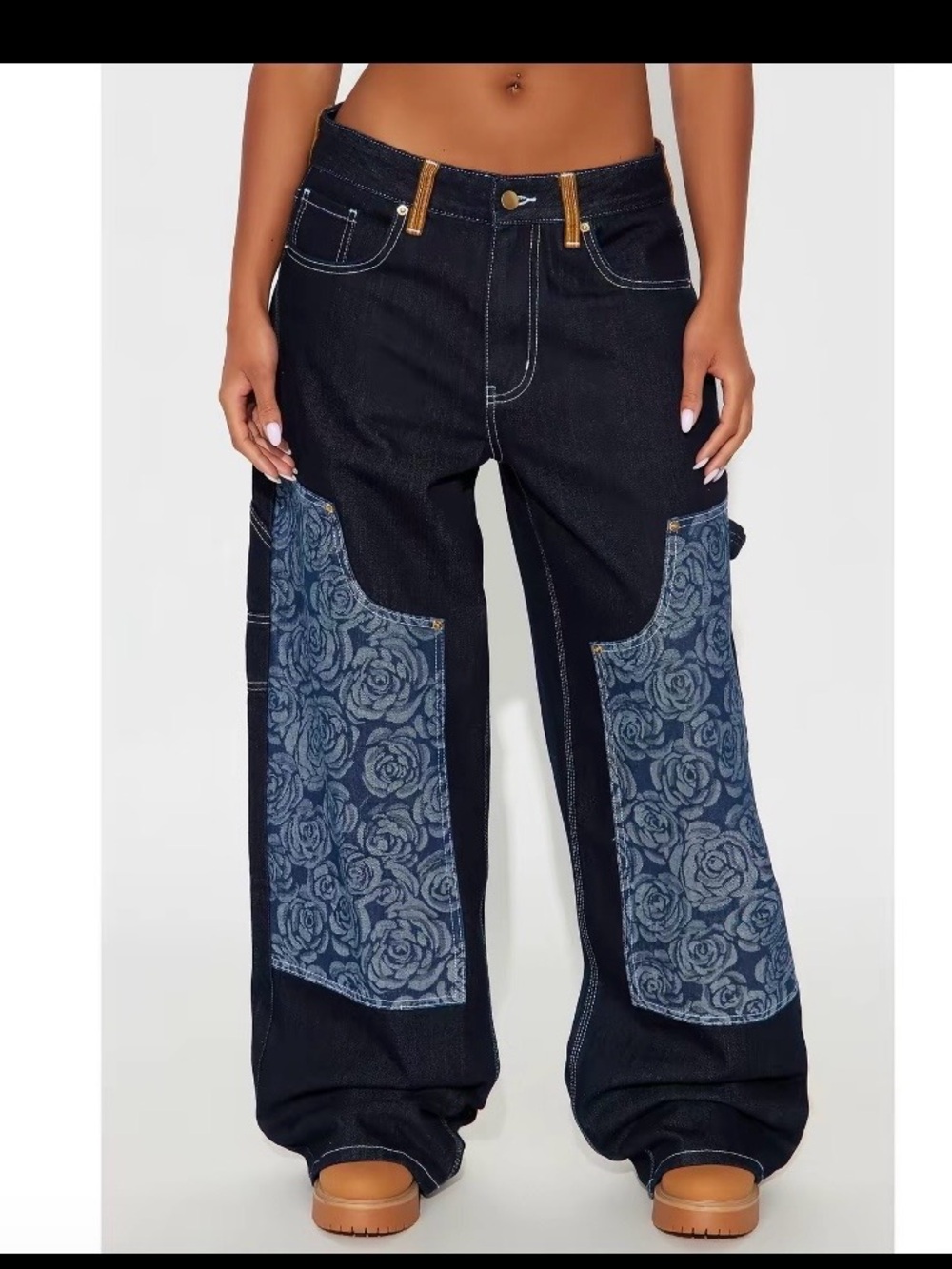 Dark Blue Floral Patchwork Wide-Leg Jeans FashionNova